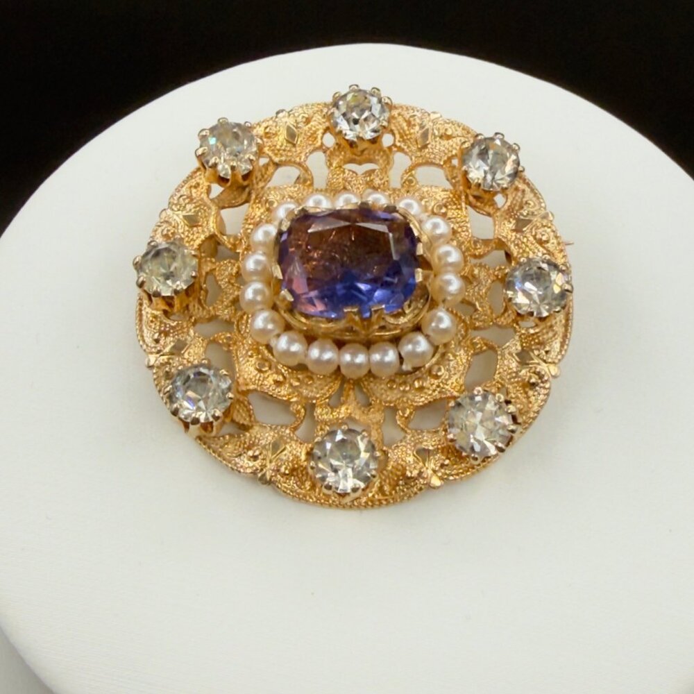 Vintage Victorian Revival Filigree Brooch Purple Glass Paste Rhinestones 1940s